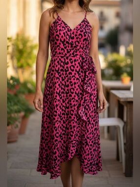 Jennifer Lopez Maxi Dress XS Pink Leopard Ruffle Slip NWT